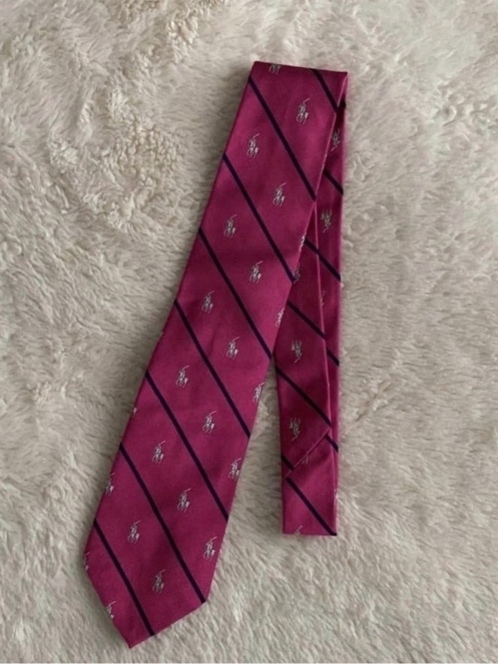 Men's Ralph Lauren 100% silk Italian Pink Striped Tie with Repeating polo